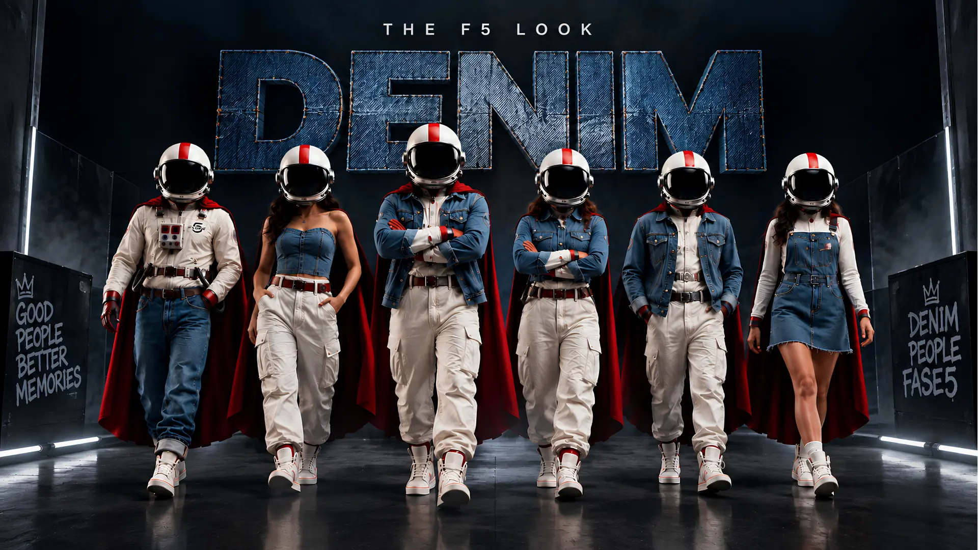 THE F5 LOOK — DENIM: sei figure FASE 5 in total denim con casco e mantello